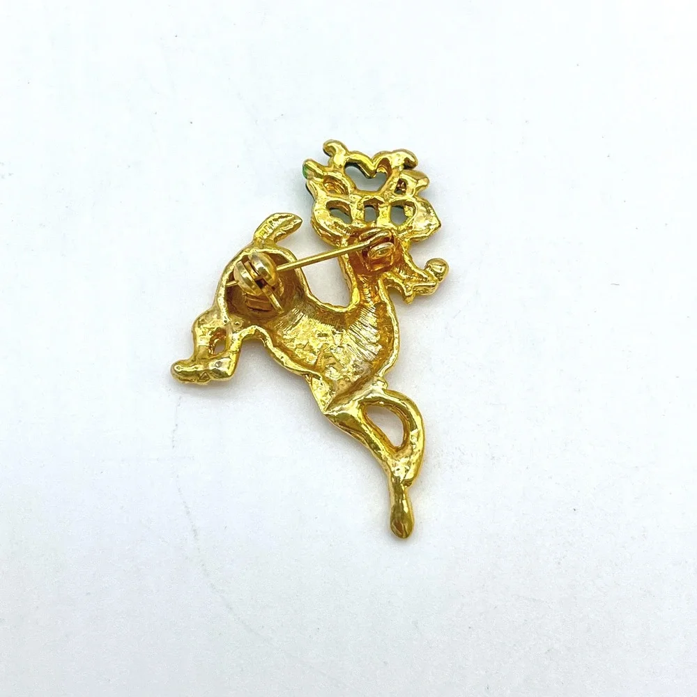 Vintage Reindeer Brooch Christmas Pin Gold Tone Green Antlers‎ Red Rhinestone